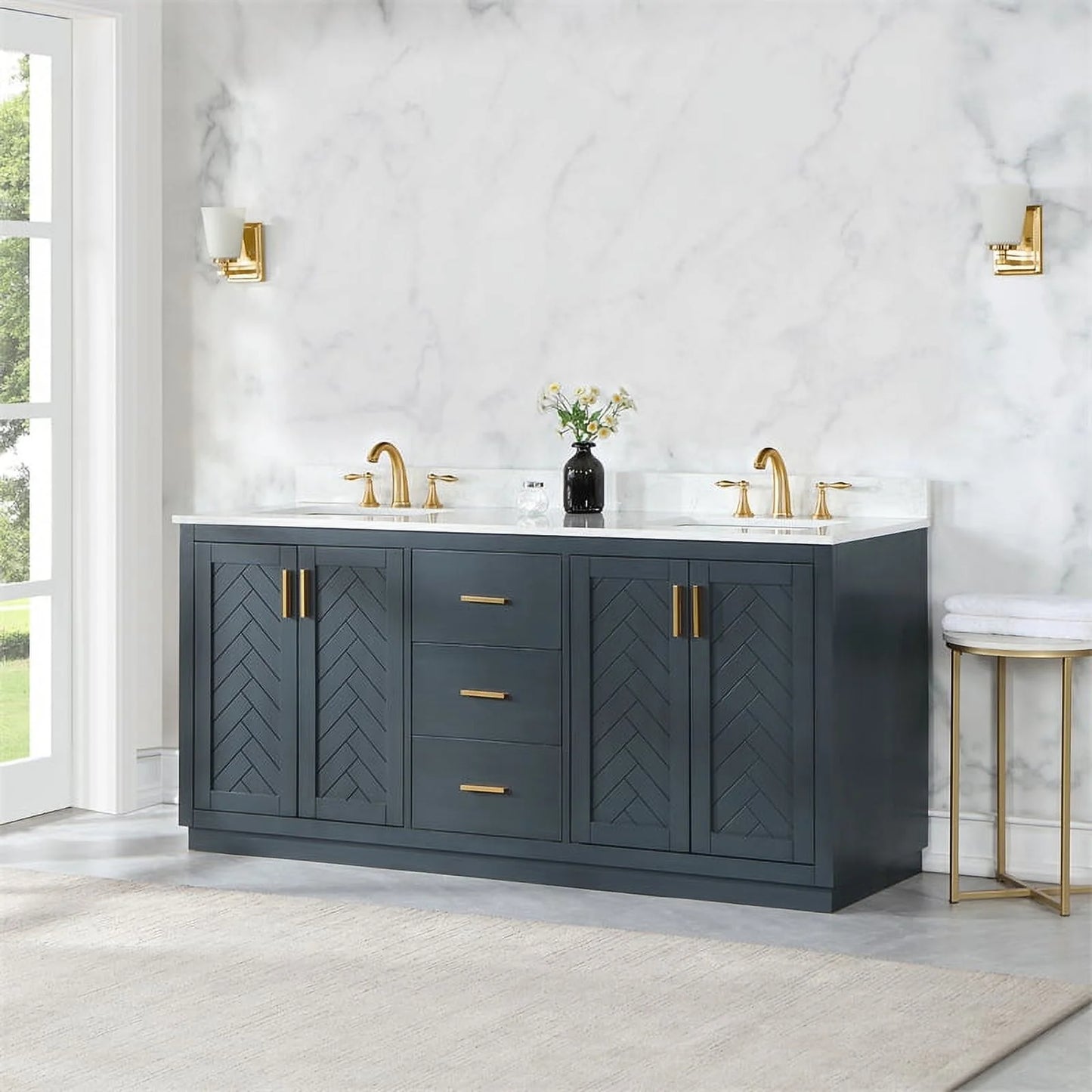 Gazsi 72" Double Bathroom Vanity Set in Black Oak with Grain White Composite Stone Countertop Without Mirror
