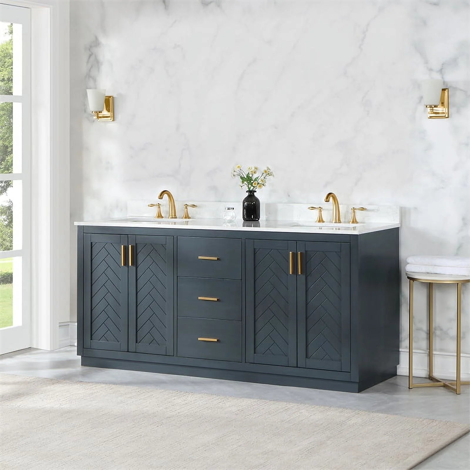 Gazsi 72" Double Bathroom Vanity Set in Black Oak with Grain White Composite Stone Countertop Without Mirror