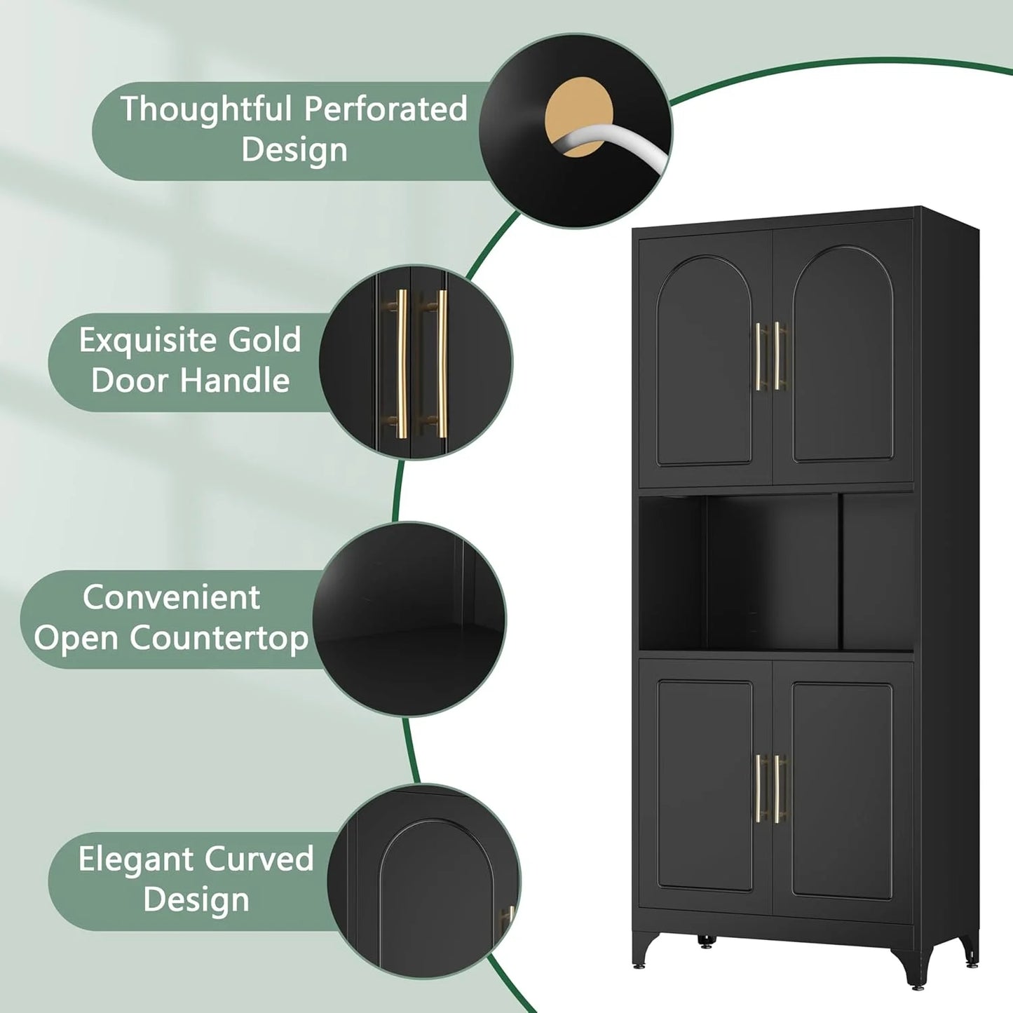 75" Metal Kitchen Pantry Storage Cabinet,Kitchen Hutch Food Pantry Cabinet with Microwave Stand,Freestanding Larder Cupboard with Doors and Adjustable Shelves for Bathroom, Living Room