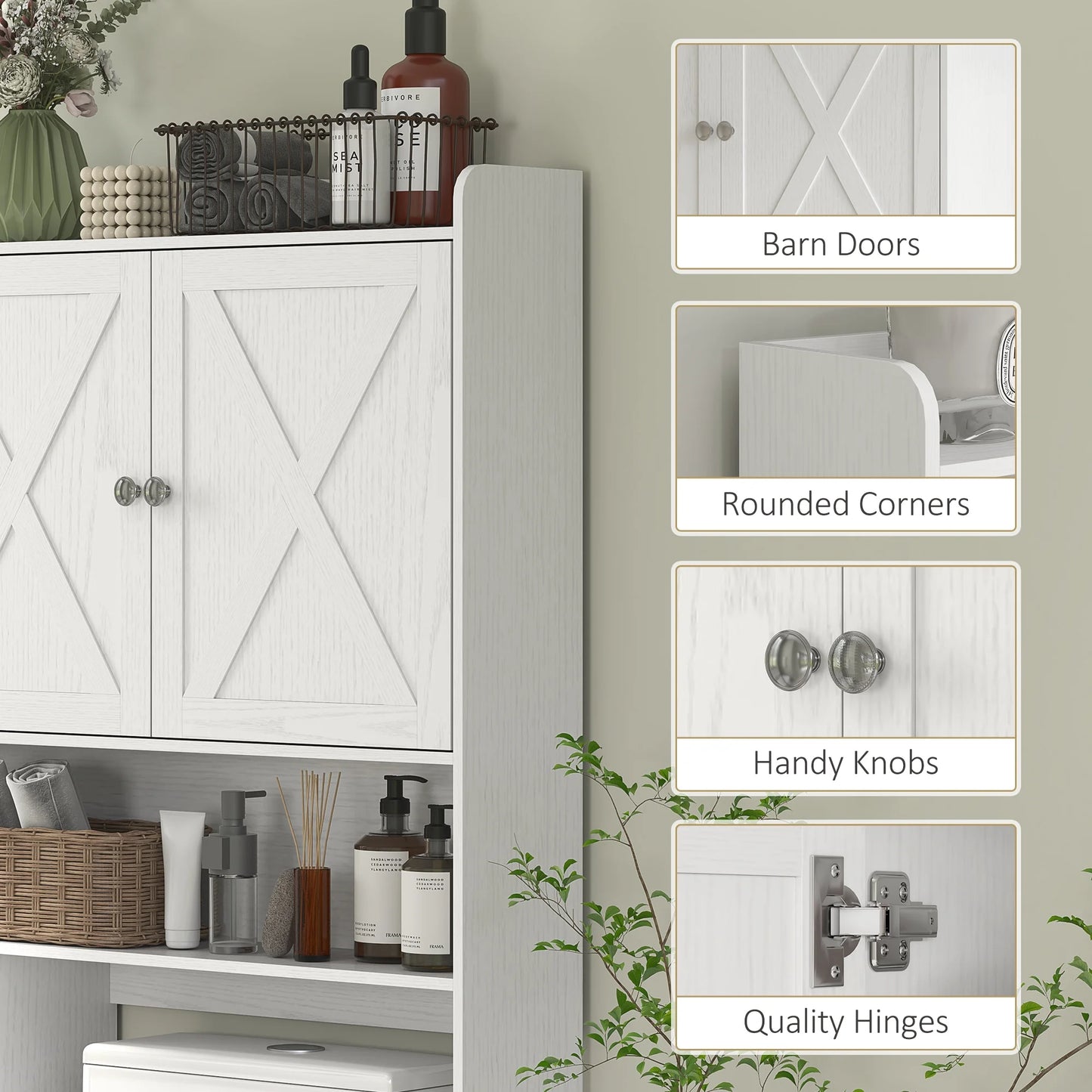 HOMCOM Over the Toilet Storage Cabinet, Farmhouse Above Toilet Bathroom Organizer with Barn Doors, Adjustable Shelf, Toilet Paper Holder, White