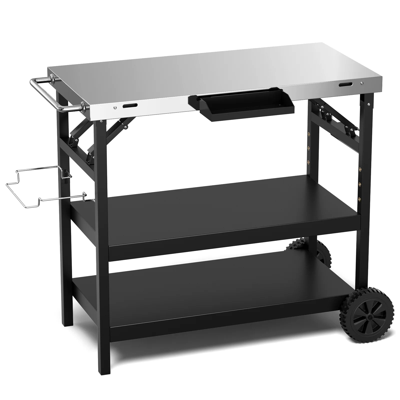 Topbuy Outdoor Food Prep Cart Table 3-tier Mobile Serving Trolley with Adjustable Shelf Phone Stand Spice Rack Towel Rack Garage Rack