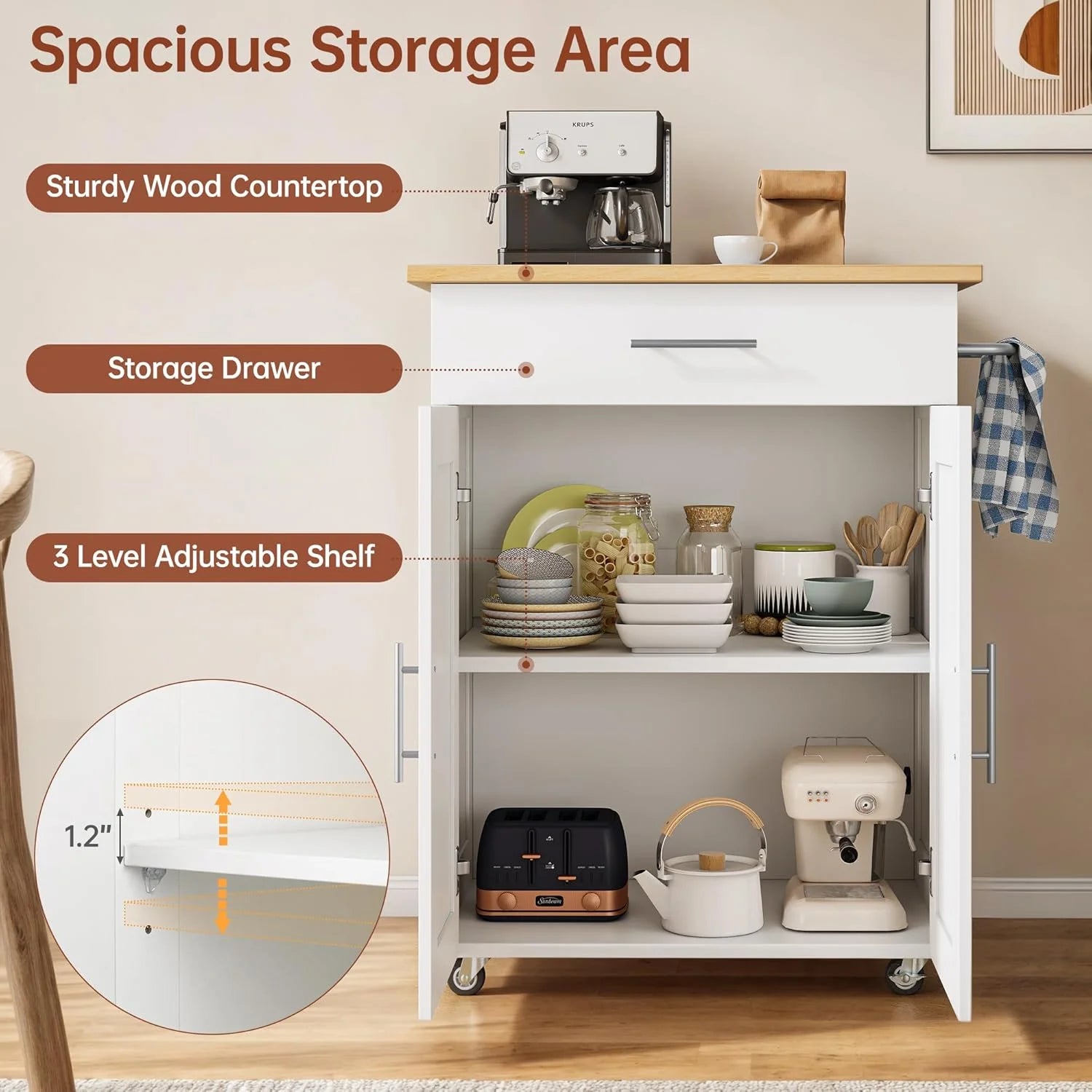 SELOOYE Kitchen Island Cart with Storage, Rolling Side Table, Large Worktop, Cabinet, Towel Rack, Drawers