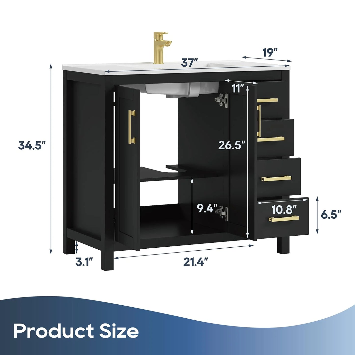 DELUXE LIVING 36 Inch Bathroom Vanity with Sink, Modern Black Bathroom Vanities with Adjustable Feets, 2 Soft-Closing Doors & 4 Drawers, Integral Sink