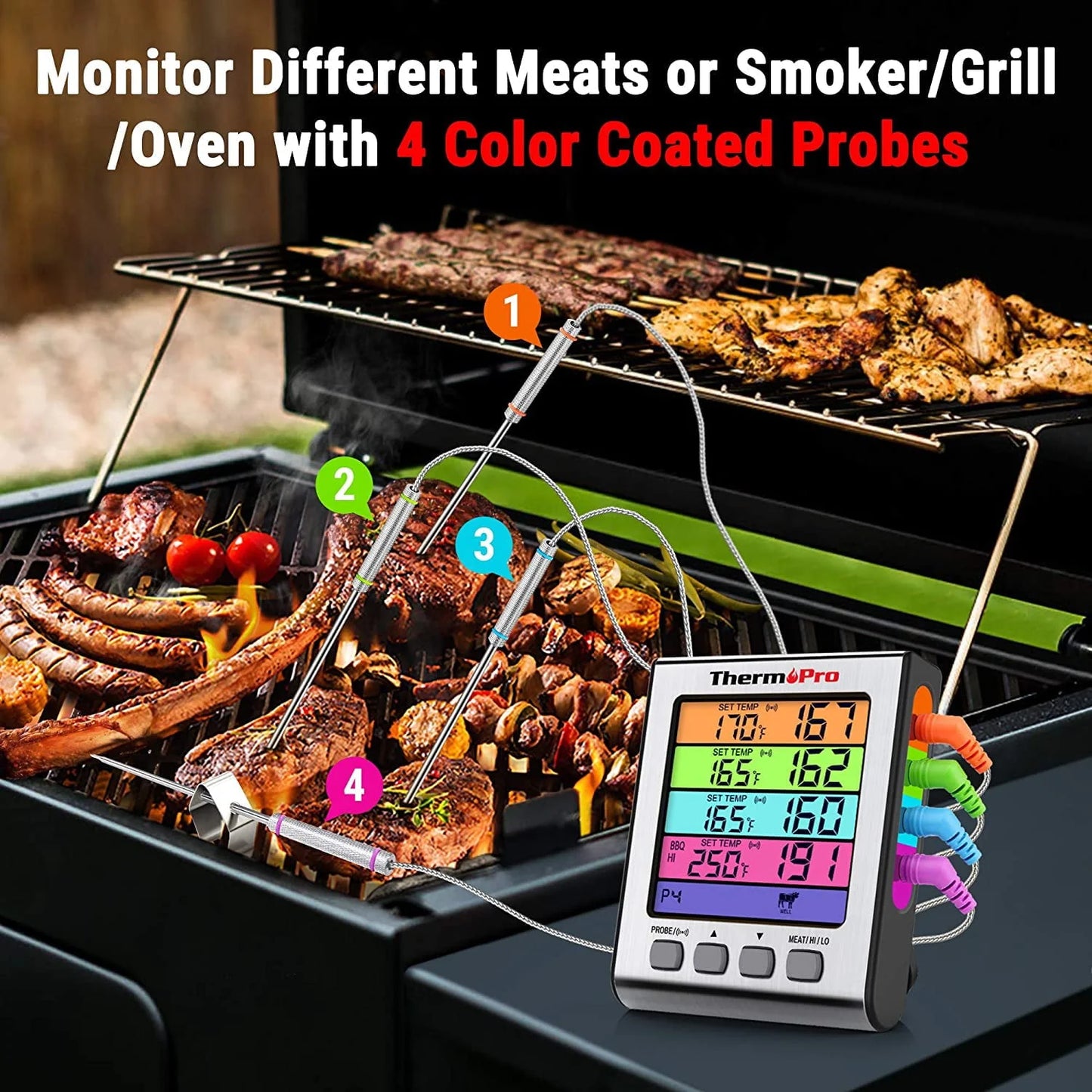 ThermoPro TP17H Colour LCD Display Cooking Thermometer with 4 Temperature Probes