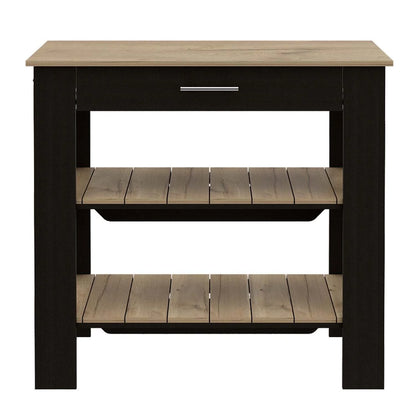 Depot E-Shop Delos 40 Kitchen Island with 2 Shelves, Drawer, 4 Legs, and Towel Rack, Black/Light Oak