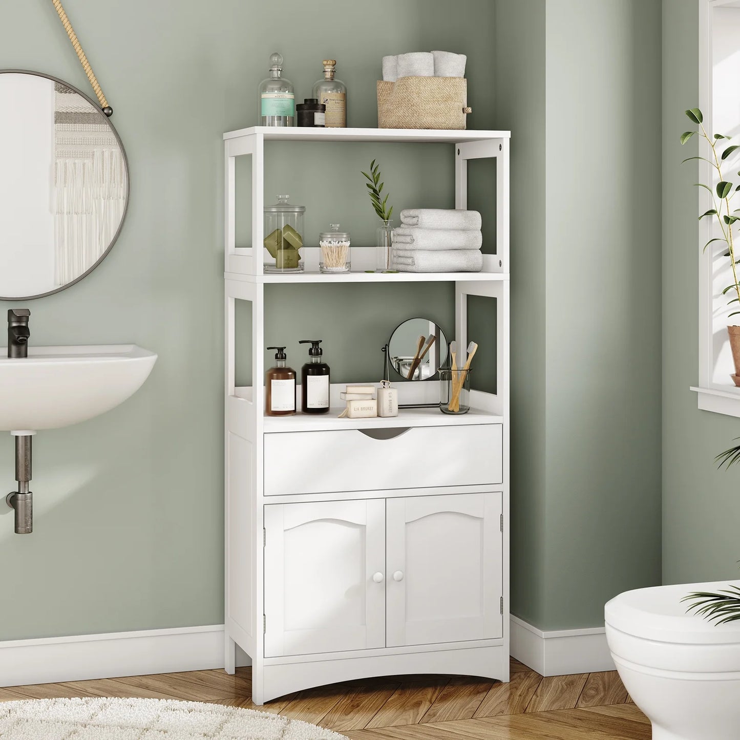 Sideboard Storage Cabinet with Drawer& Shelves, Kitchen Pantry Storage Cabinet with Microwave Space& Cupboard, Modern Freestanding Floor Bathroom Cabinet/Bookshelf for Home Office, White