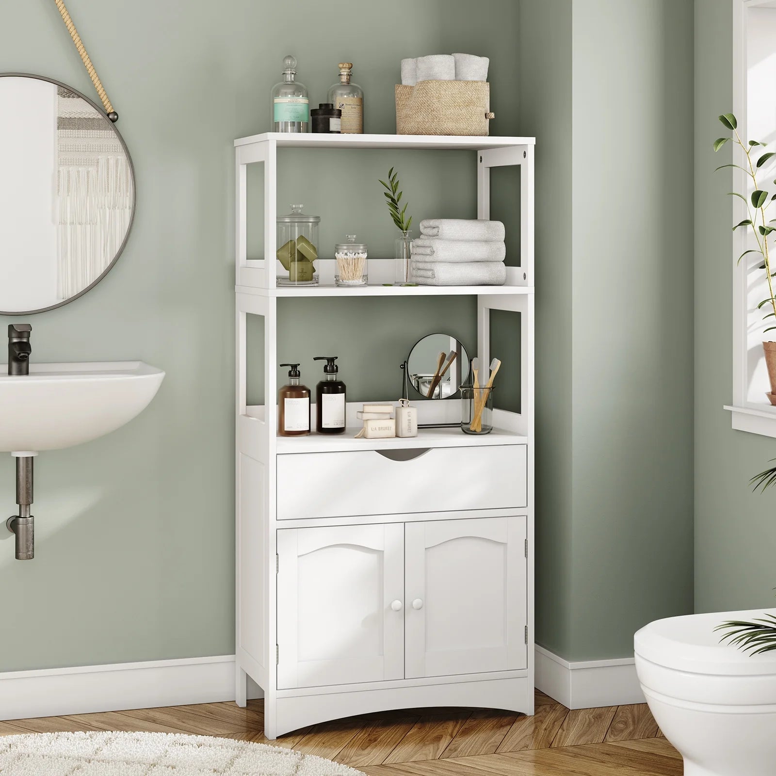 Sideboard Storage Cabinet with Drawer& Shelves, Kitchen Pantry Storage Cabinet with Microwave Space& Cupboard, Modern Freestanding Floor Bathroom Cabinet/Bookshelf for Home Office, White