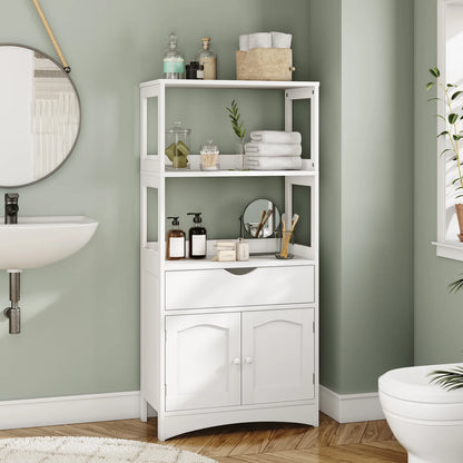 Sideboard Storage Cabinet with Drawer& Shelves, Kitchen Pantry Storage Cabinet with Microwave Space& Cupboard, Modern Freestanding Floor Bathroom Cabinet/Bookshelf for Home Office, White