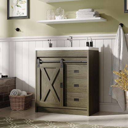 DreamCurship 32" Bathroom Vanity with Sink Combo, White Bathroom Storage Cabinet with Drawers, Farmhouse Bathroom Vanity Cabinet with Sliding Barn Doors, White