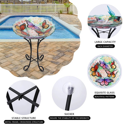 Glass Birdbath with Metal Stand Outdoor for Lawn Yard Garden Butterfly Decor, 18°?Dia 21.65°?Height