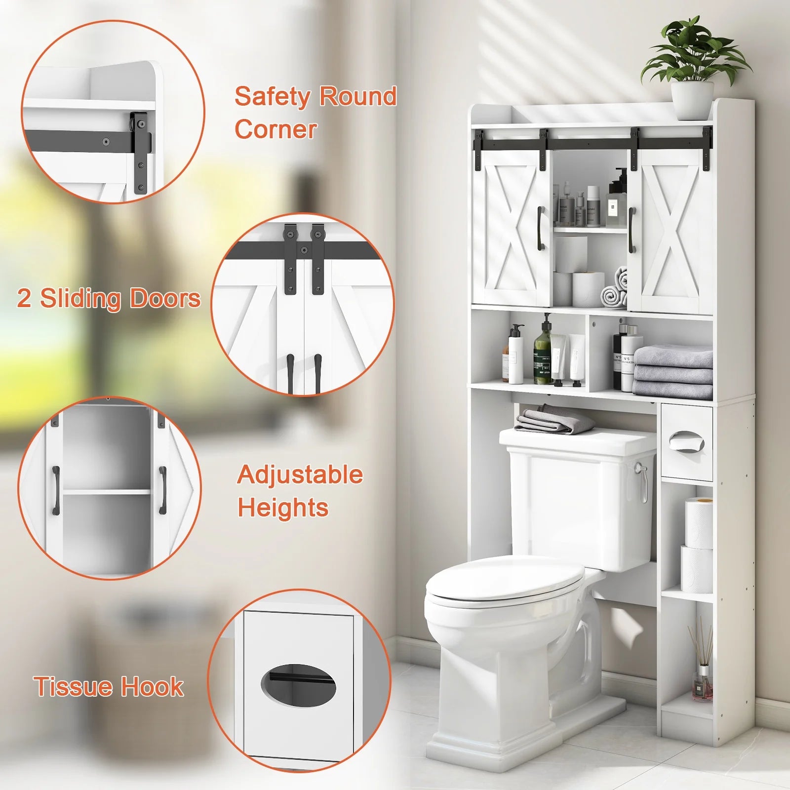 Over The Toilet Storage Cabinet, Farmhouse Storage Cabinet Over Toilet with Sliding DoorsHome Space-Saving Toilet Rack, for Bathroom, Restroom, Laundry