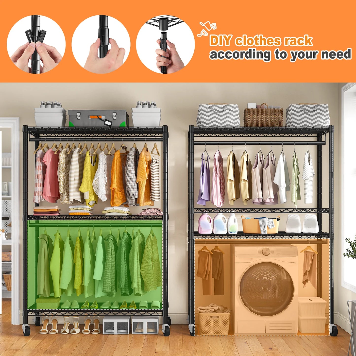 EnHomee Rolling Closet Rack with Dustproof Cover,450LBS Load Capacity Adjustable 81"H Portable Wardrobe with Side Pockets,Black