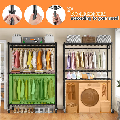 EnHomee Rolling Closet Rack with Dustproof Cover,450LBS Load Capacity Adjustable 81"H Portable Wardrobe with Side Pockets,Black