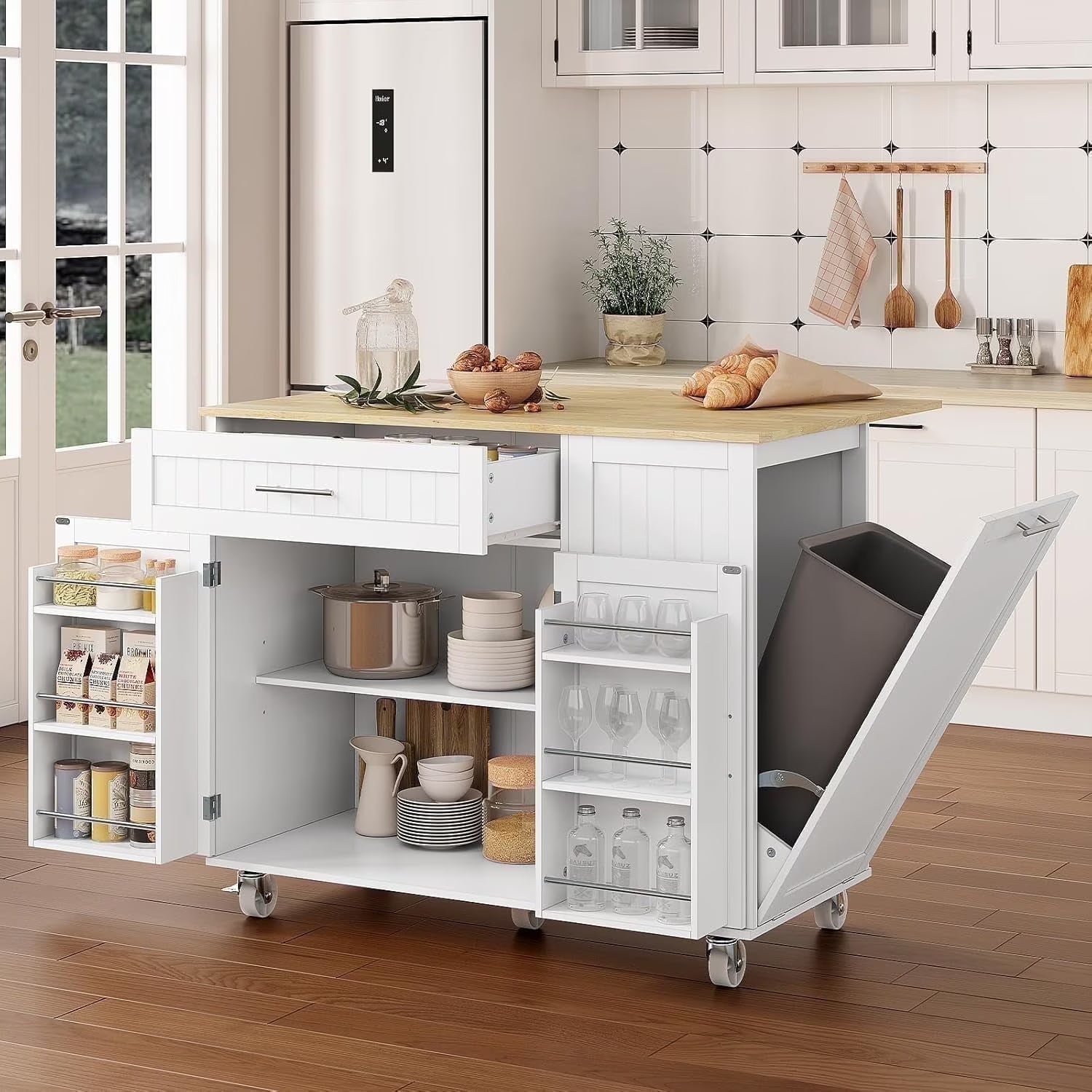 SELOOYE Kitchen Island Cart with Storage, Rolling Side Table, Large Worktop, Cabinet, Towel Rack, Drawers