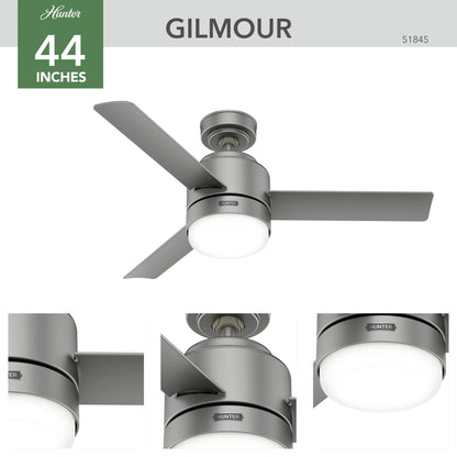 Hunter - Gilmour Indoor/Outdoor Ceiling Fan With Light, Remote, 44-inch, Matte Silver, Casual-style, 3-speed WhisperWind Motor, 51845, for Porches, Bathrooms