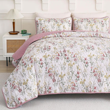 King Size Quilt Set, Pink Floral Pattern Quilt Bedding Set King, 3 Pieces Botanical Quilt Soft Microfiber Bed Coverlet for All Season(104" x 90")