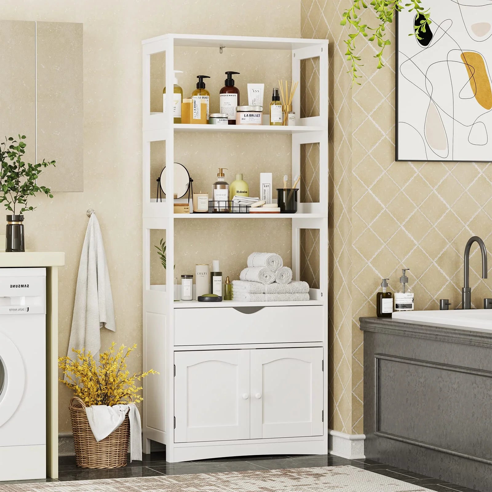 Kitchen Sideboard Pantry Cabinet Tall Freestanding Storage Cabinets with Shelves and Drawer for Bathroom Home Office, White