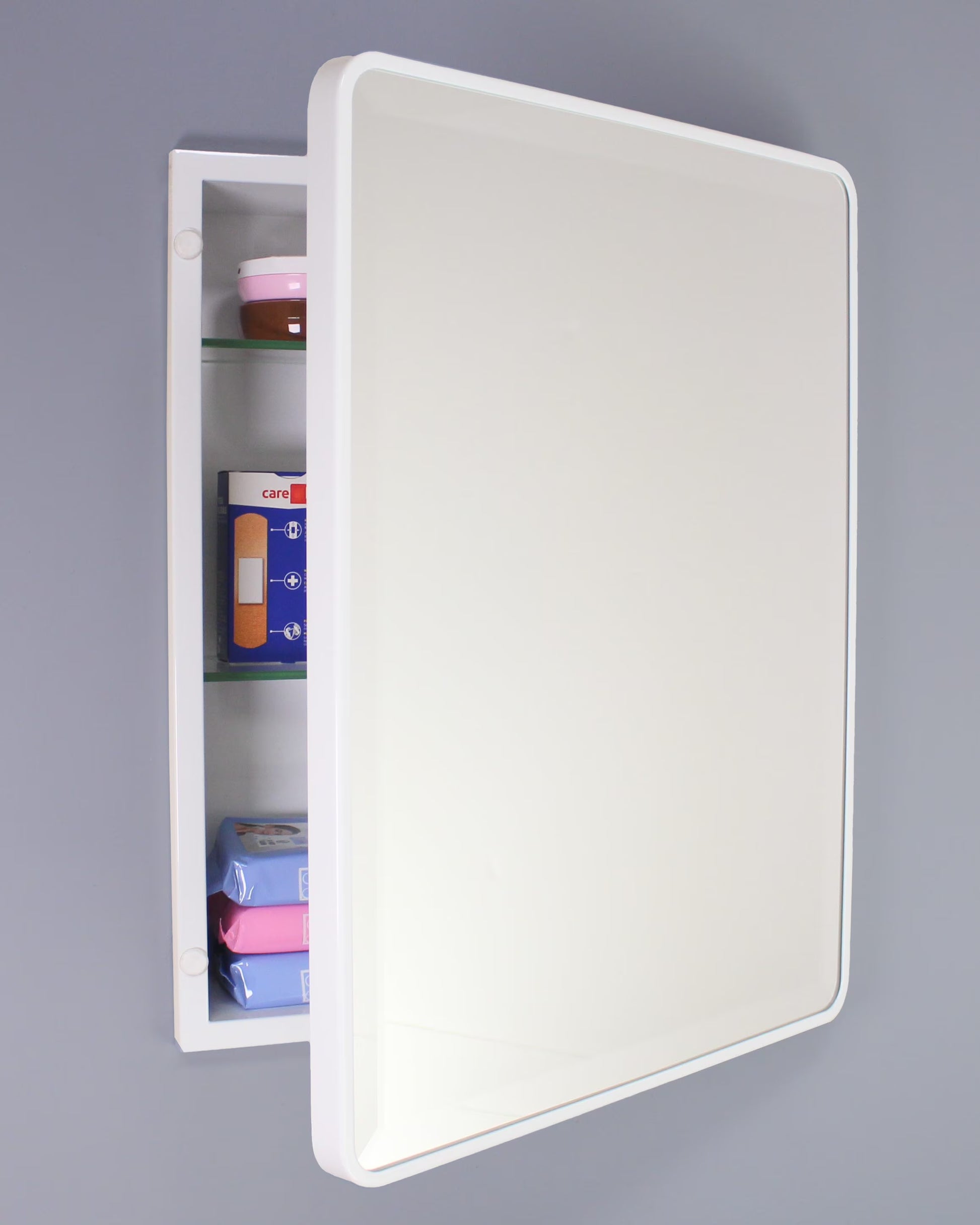 16x20 Austin Farmhouse Metal Framed Rounded Rectangle Recessed Bathroom Medicine Cabinet, Beveled Mirror, 14x18 in-Wall Opening, Powder-coated Steel, Adjustable Glass Shelves, Magnet Close, White