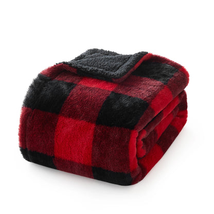 Dearfoams Reverse Sherpa Throw Blanket, Red Buffalo Check, Standard Throw