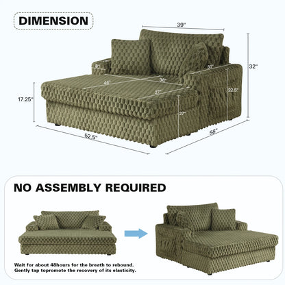 Aukfa Oversized Chaise Lounge Loveseat Couch with 2 Cup Holders& Throw Pillows, Fluffy Corduroy, Olive Green