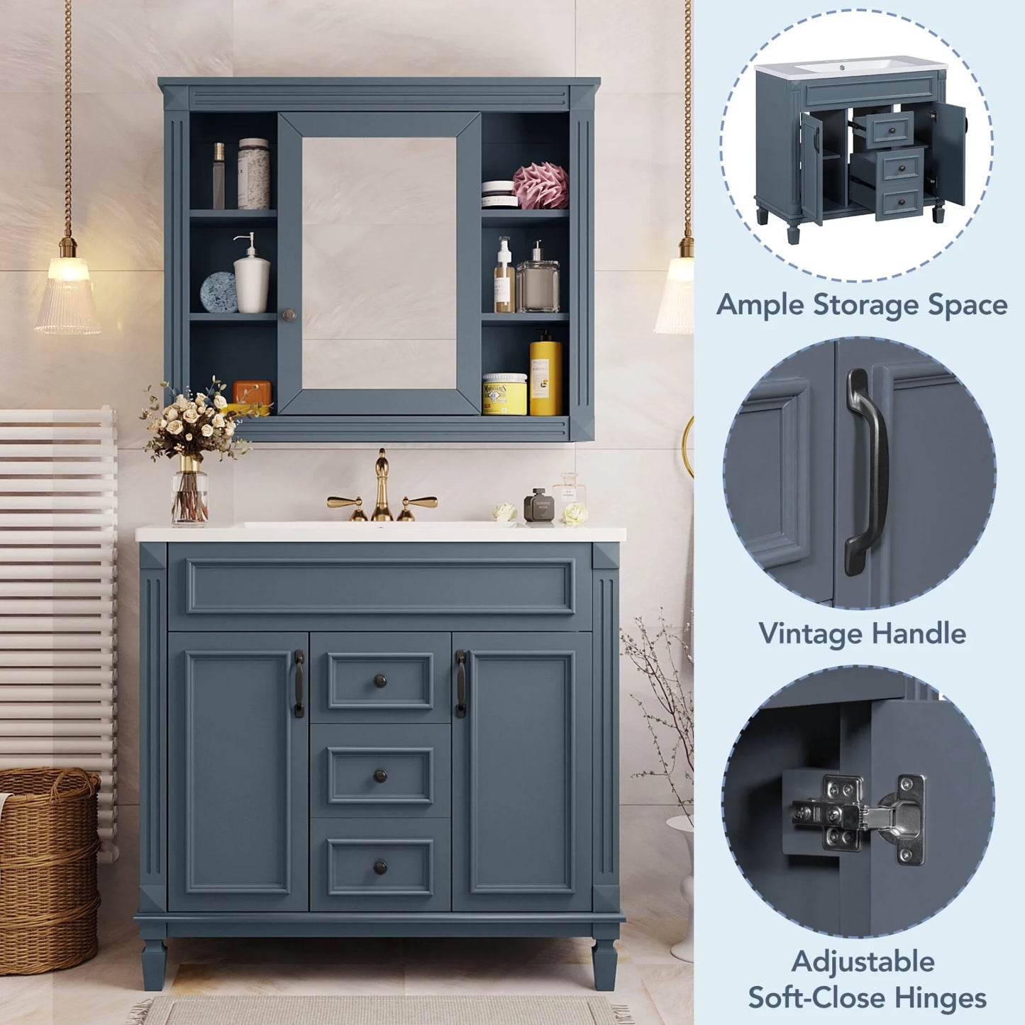 Modern Bathroom Cabinet Set with Top Sink, Bathroom Vanity with Wall Mounted Bathroom Storage Cabinet, 2 Soft Closing Doors, 2 Drawers, Water-Resistant Paint, Grey