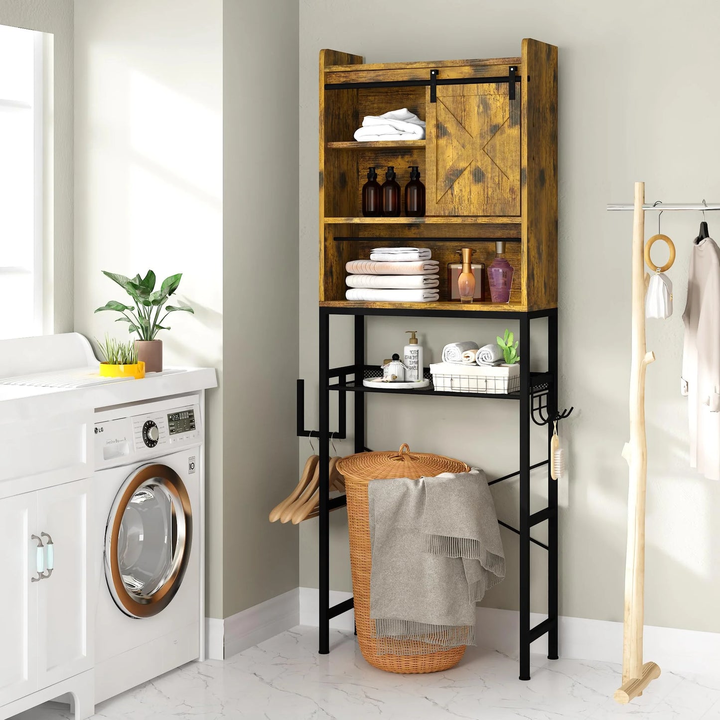 furlinkhm Over The Toilet Storage Cabinet,Bathroom Rack Organizers with Adjustable Shelf,5-Tier Bathroom Space Saver Over Toilet with Door for Bathroom, Restroom, Laundry,22.6"9.4"72.8"