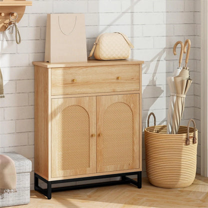 Finihen Accent Floor Storage Cabinet with Rattan Doors, Bathroom Cabinet with Large Drawer, Freestanding Storage Cabinet Organizer, Beige