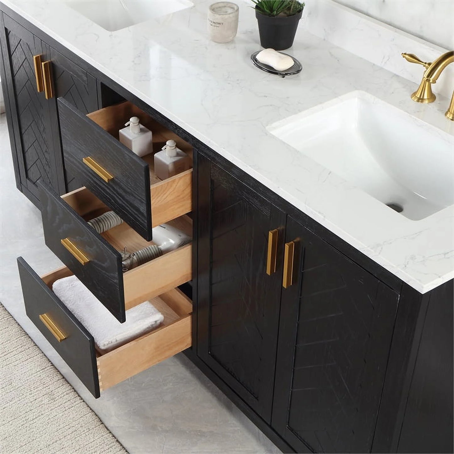 Gazsi 72" Double Bathroom Vanity Set in Black Oak with Grain White Composite Stone Countertop Without Mirror