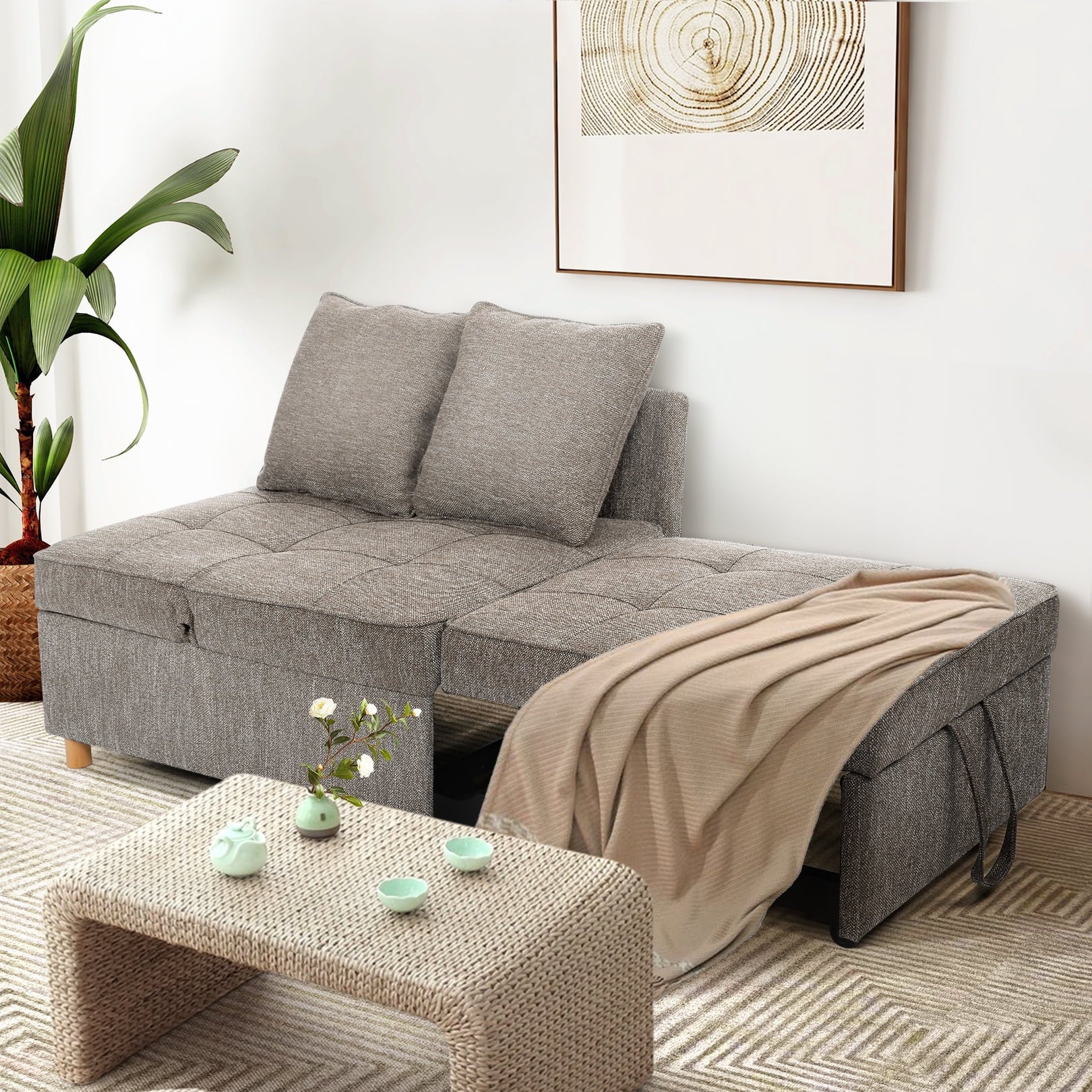 SEJOV 4-in-1 Convertible Sleeper Chair Bed, Linen Sofa Bed for Small Space, Futon Sofa with 2 Throw Pillows for Living Room, Single Recliner with 5 Adjustable Backrest for Bedroom Apartment, Brown