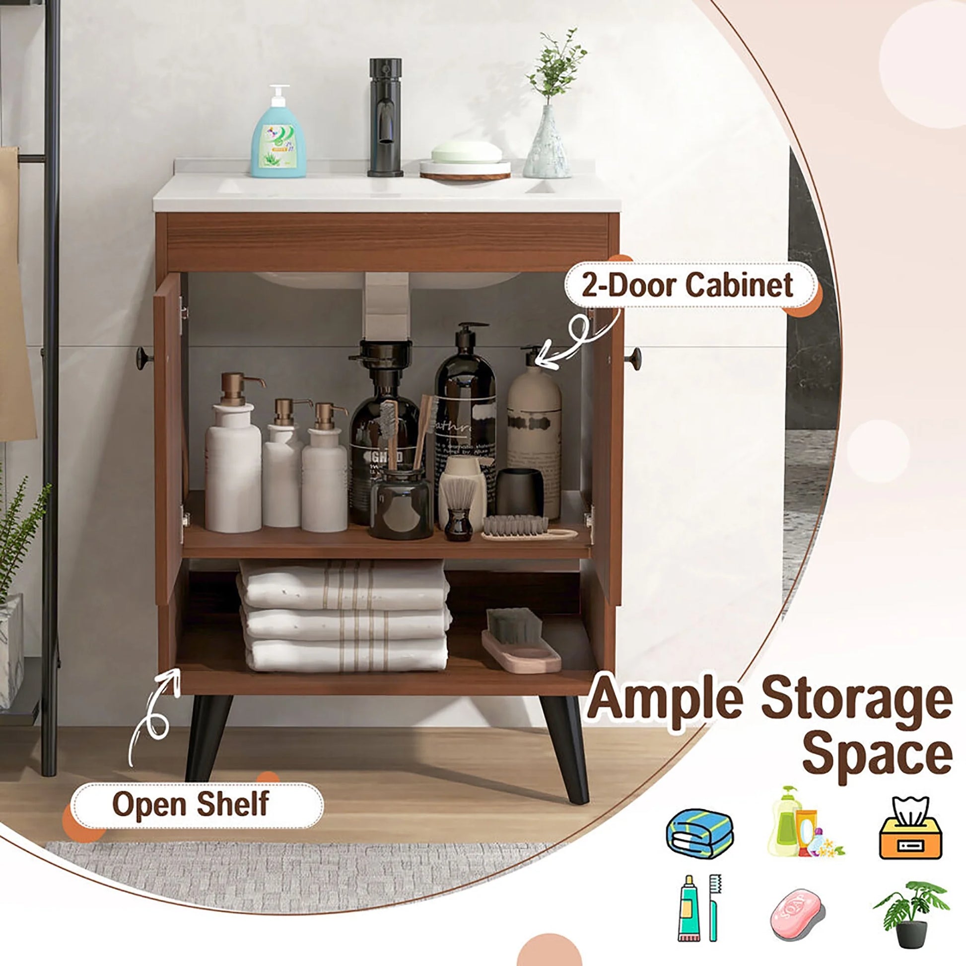 Gymax 25 Inch Wooden Bathroom Vanity Sink Combo with Open Shelf & Sink & Pop Up Drain