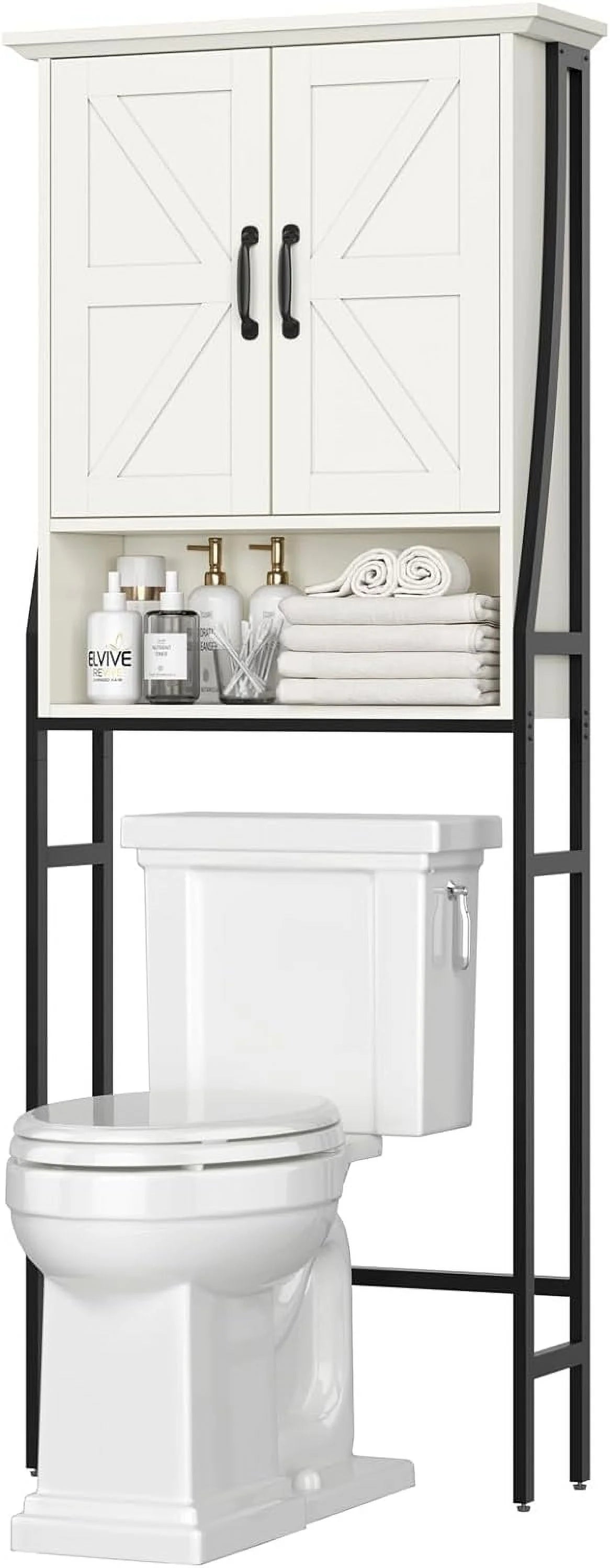 Over The Toilet Storage Cabinet, Over Toilet Bathroom Organizer, Above Toilet Storage Cabinet with Barn Doors Behind Toilet Bathroom Organizer Over-The-Toilet Cabinet (Cream White)