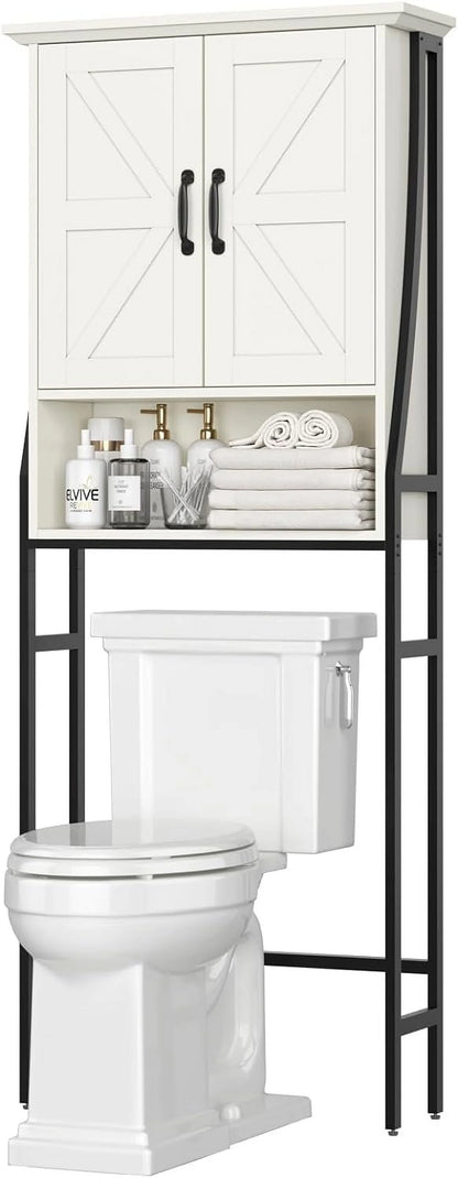 Over The Toilet Storage Cabinet, Over Toilet Bathroom Organizer, Above Toilet Storage Cabinet with Barn Doors Behind Toilet Bathroom Organizer Over-The-Toilet Cabinet (Cream White)