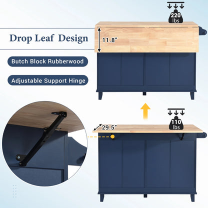 3 Pieces Farmhouse Style Kitchen Island Set with 2 Dining Stools, Kitchen Island with Adjustable Shelf, 4 Drawers, 2-Door Cabinet, Towel Rack & Rubber Wood Tabletop, Blue