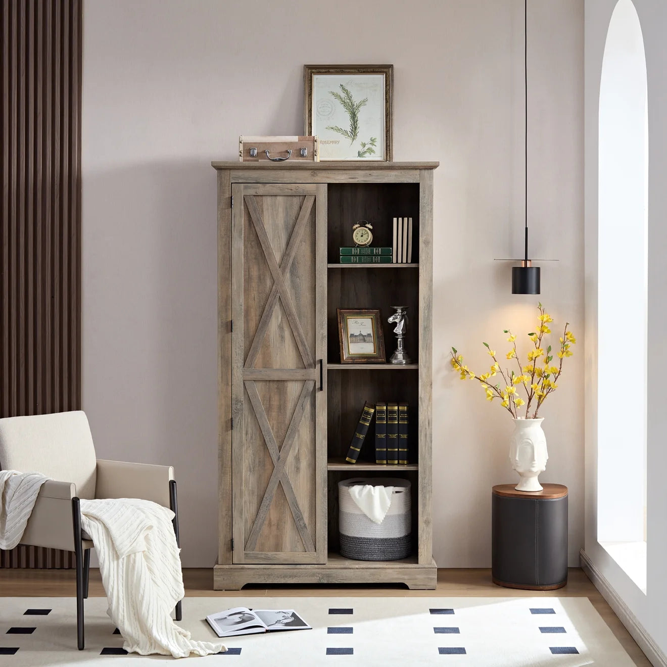 Kselythan 74" Tall Storage Cabinet, Large Kitchen Pantry with Barn Door and Opening Shelves, Freestanding Cabinet for Kitchen Bathroom Living Room