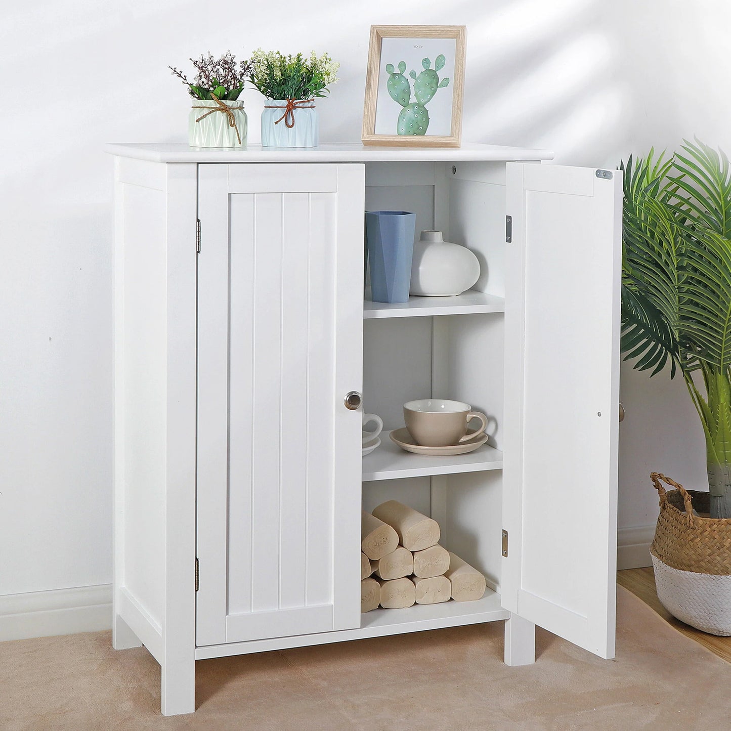HomGarden 2-Door Bathroom Floor Storage Cabinet Side Cupboard W/Adjustable Shelves, 11.8'' W, White