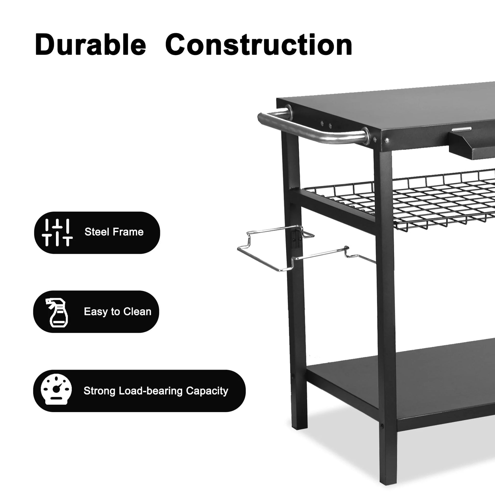 Grill Cart, Pizza Oven Stand, Outdoor bbq Prep Station with Storage, Wheel, Hook, Handle, Black Steel Tabletop, Garbage Bag Holder, Paper Towel Holder, Movable Spice Rack