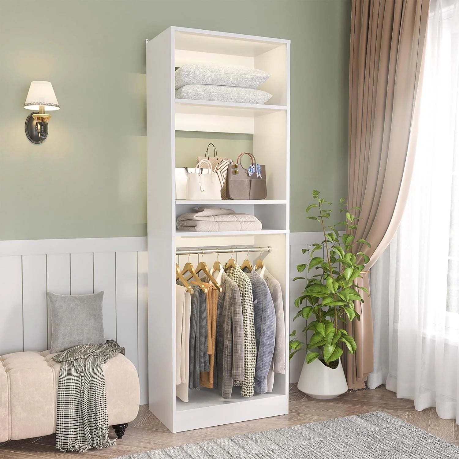 Homieasy 25°?Closet System, Freestanding Closet Organizer Wardrobe with Hanging Rods and Shelves, Adjustable Clothes Garment Rack, Sturdy Walk in Closet Tower, White