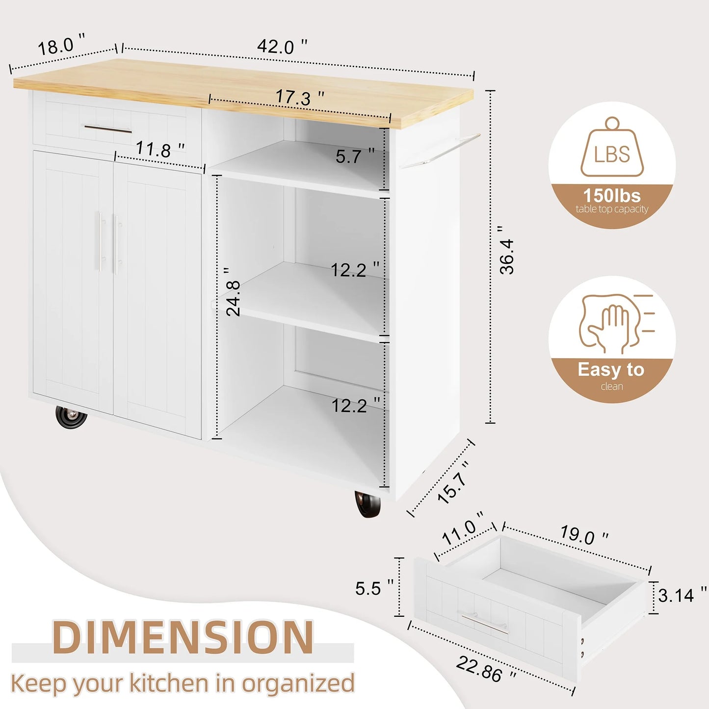 Futzca Kitchen Island Cart on Wheels with Large Worktop,Storage Cabinet,Towel Rack and Drawers - N/A Black