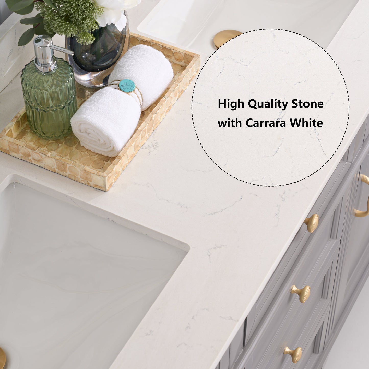 FORCLOVER 36" Bathroom Vanity with Sink Top Combo Set, Freestanding Solid Wood Bathroom Makeup Cabinet W/1 Soft-Close Door and 3 Soft-Close Drawers, Carrara White Quartz Countertop, Grey