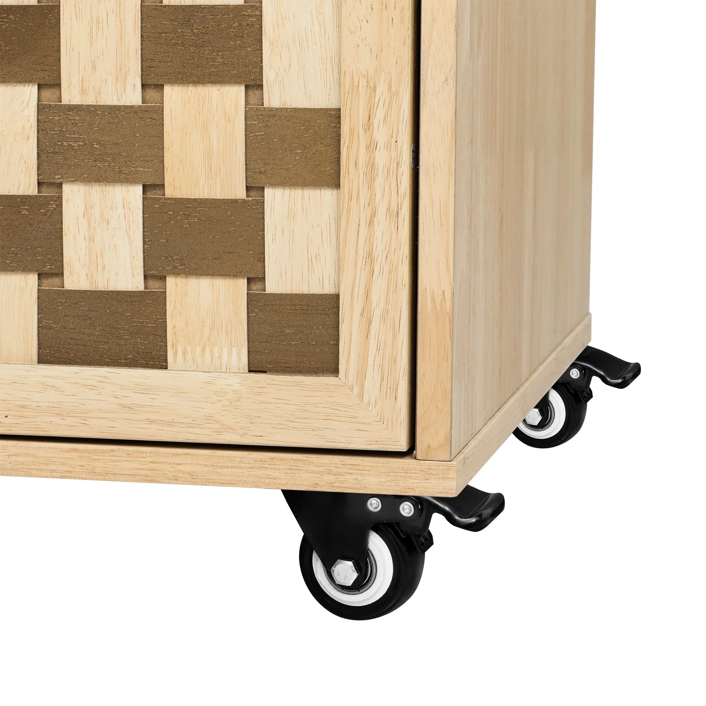 Natural Wood Kitchen Island With Woven Checkerboard Look, Adjustable Shelves, Rolling Feature, Towel Rack, Spice Power Plug 53.2"w Surface, Ample Storage, On Wheels, 2 Doors, 3 Drawers, Supply