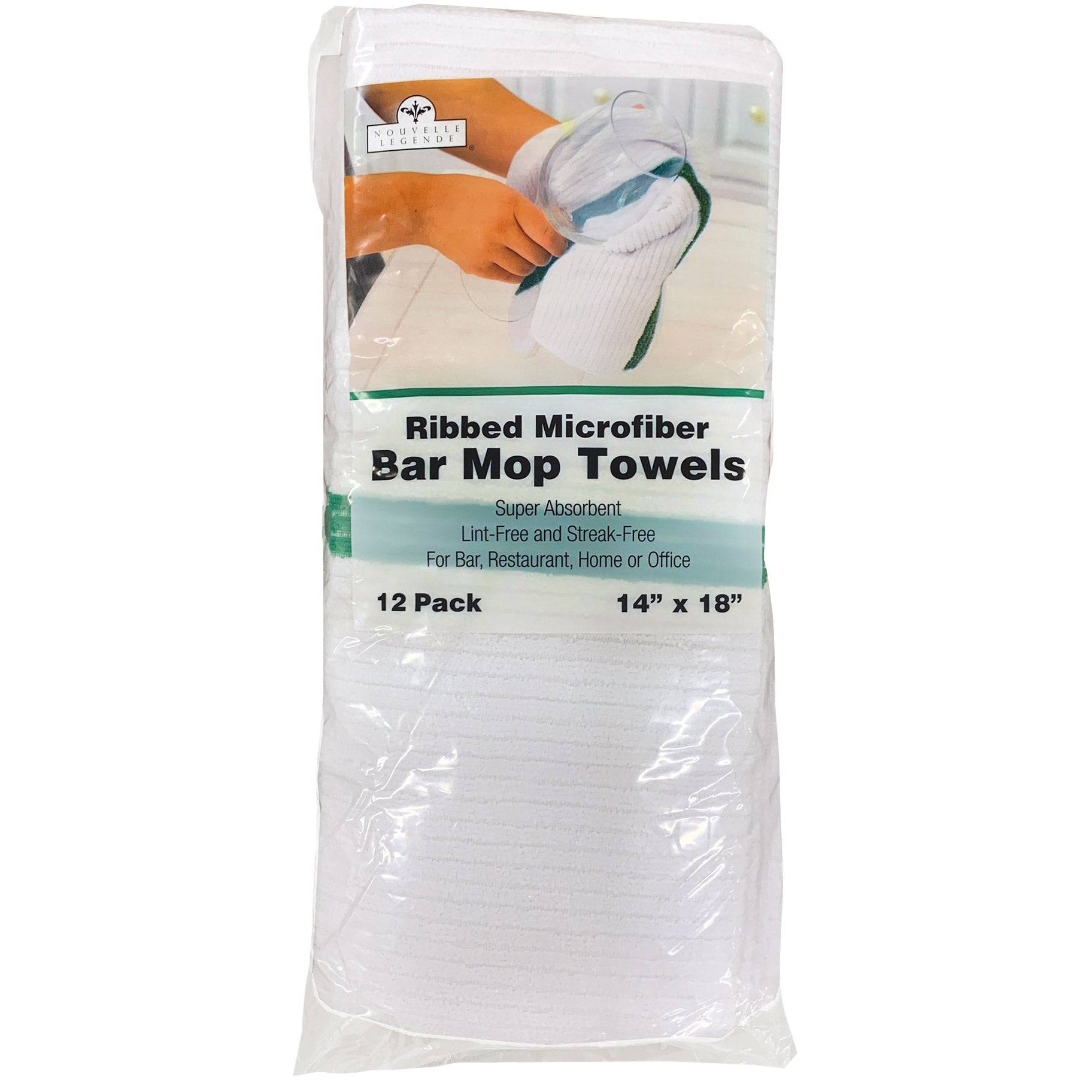 Nouvelle Legende Ribbed Microfiber Bar Towel, White with Green Stripe, 14 in x 18 in, 12-count