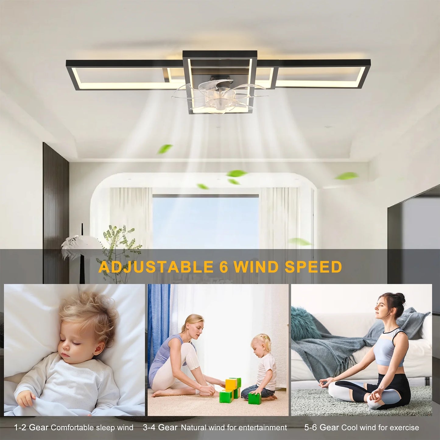 Garwarm Modern Black LED Ceiling Fan With Lights Low Profile 35" Dimmable Square with Remote Rectangle Light Fixture for Kitchen,Bathroom,Balcony,Living Room