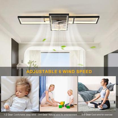 Garwarm Modern Black LED Ceiling Fan With Lights Low Profile 35" Dimmable Square with Remote Rectangle Light Fixture for Kitchen,Bathroom,Balcony,Living Room