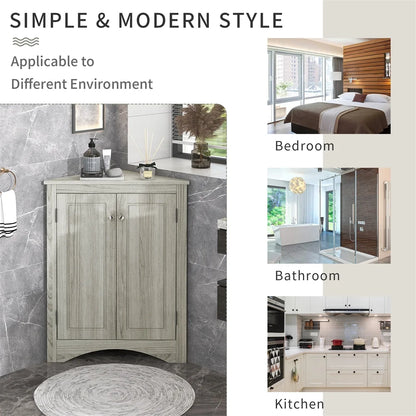 Home Floor Corner Cabinet with Adjustable Shelves and Two Doors, Triangle Bathroom Storage Cabinet, Modern Style Freestanding Floor Cabinet for Kitchen, Living Room and Hall, Oak