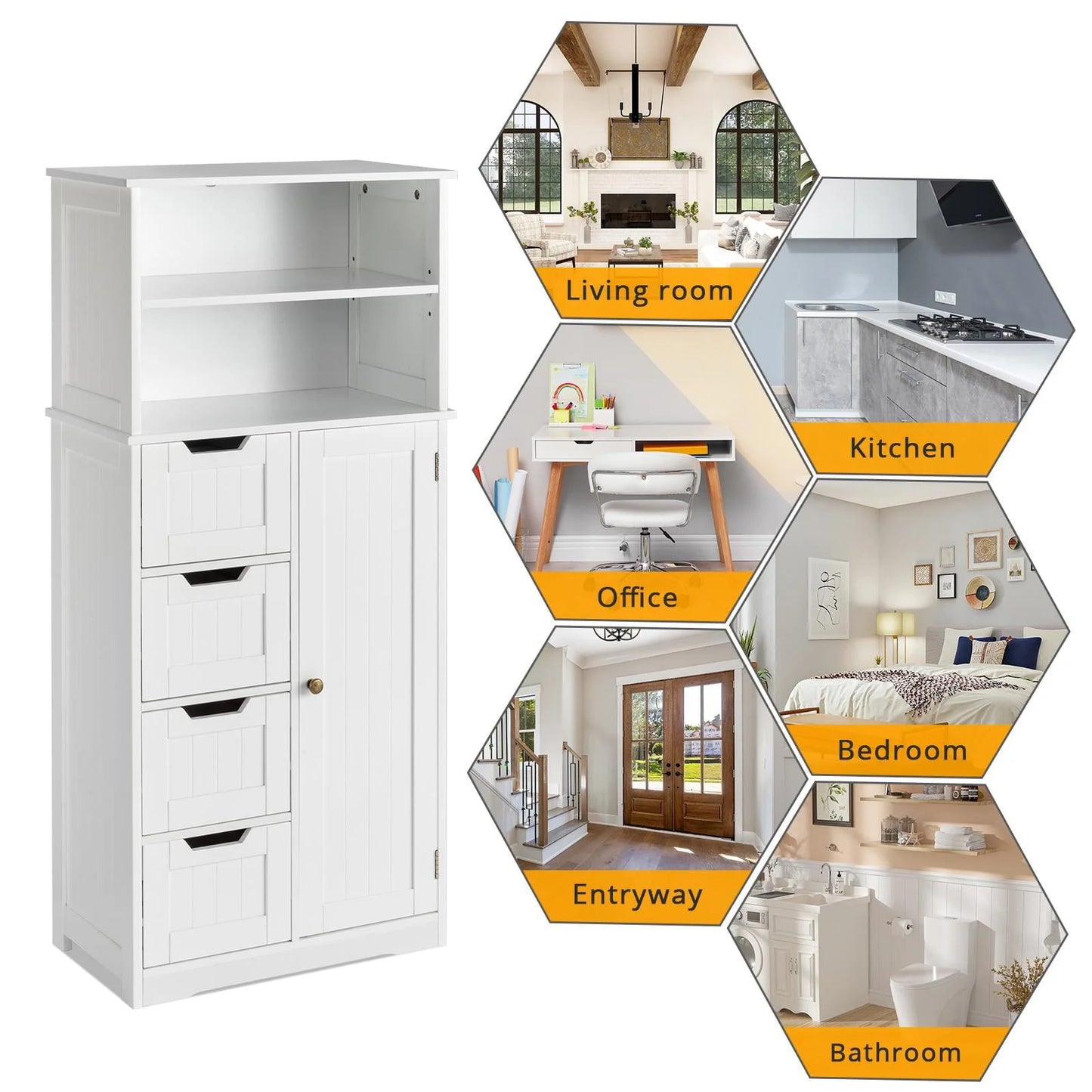 Ktaxon Freestanding Bathroom Floor Cabinet, Multipurpose Storage Cabinet with 4 Drawers, 1 Cupboard & Adjustable Shelves for Kitchen Living Room Bedroom, White