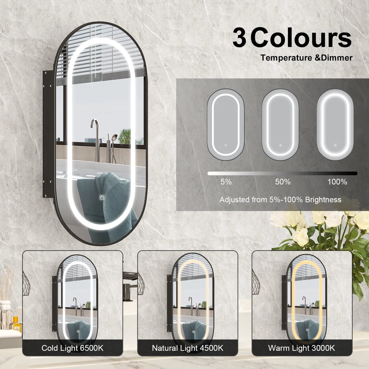Hironpal Recessed or Wall Mounted 3 Color LED Oval Medicine Cabinet with 17x32 Inch Mirror for Bathroom,Black