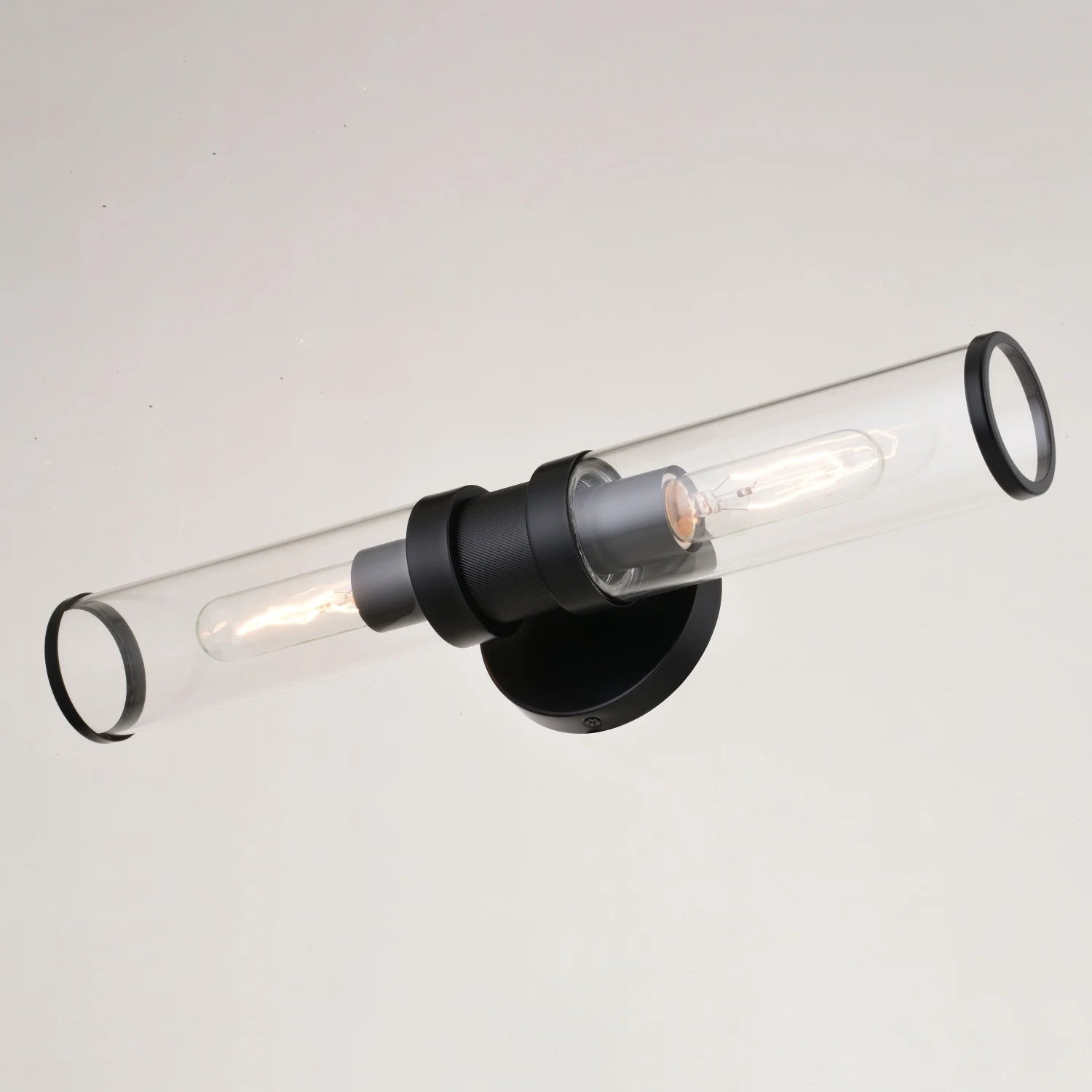 Levitt 2 Light Black Industrial Bathroom Vanity Wall Fixture with Clear Tube Glass