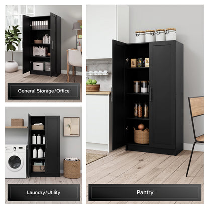 Prepac Elite Accent Cabinet with Panel Doors, Black Storage Cabinet, Bathroom Cabinet, Pantry Cabinet with 3 Shelves 16.75" D x 32" W x 65" H, BSCR-1001-1