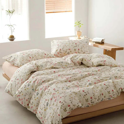 100% pure cotton flower duvet cover with large flower leaves printed on milky white duvet cover, 3 soft and breathable spring bedding items with zipper