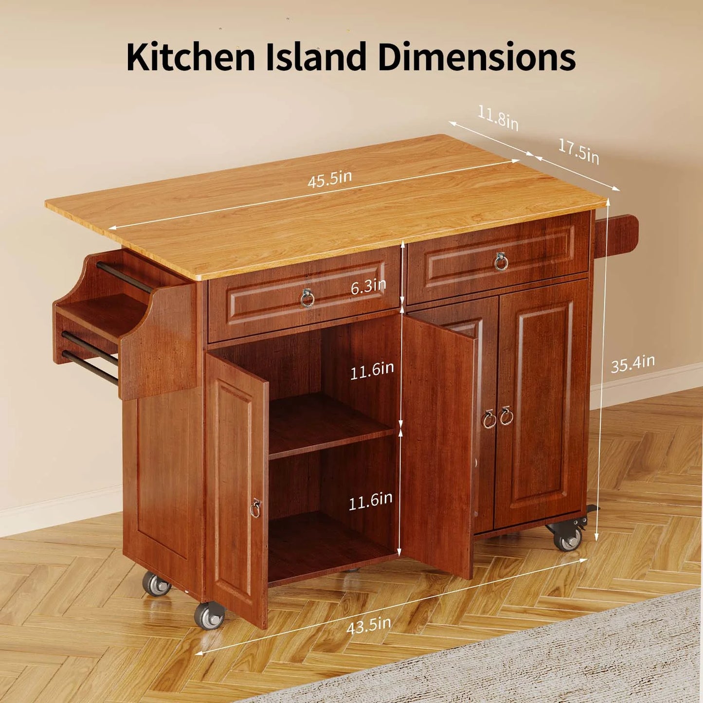 Lofka Kitchen Islands Carts with Storage, 52° kitchen Islands with 2 Storage Cabinet, Spice Rack, Towel Rack, Brown